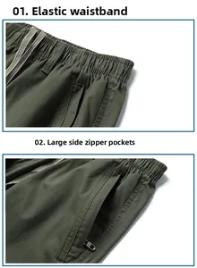 Detail of cargo shorts featuring elastic waistband and large side pockets with zippers