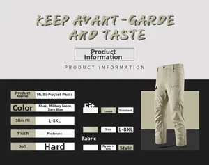 Detailed size chart for khaki multi-pocket tactical pants with stretch nylon fabric