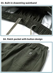 Detail view of elastic waist with drawstrings and buttoned back pocket on cargo shorts