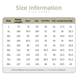 Detailed size chart for tactical cargo pants showing measurements from L up to 8XL size