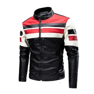 Herren Slim-Fit Motorrad-Lederjacke mit markantem Farbblock-Design in Schwarz Rot und Weiß