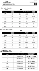 Detailed size chart for men's PU leather jacket including regular and fleece lining models