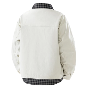 Men's loose plaid patchwork jacket in beige with fake two-piece layering style