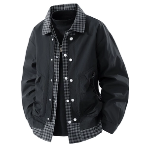 Men's casual faux two-piece jacket with plaid collar and workwear splicing design