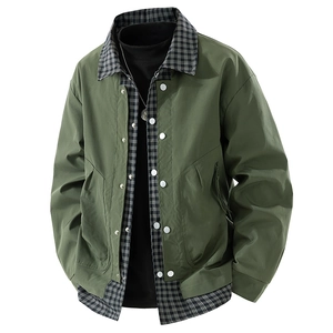 Men's army green patchwork jacket with classic plaid trim and white snap button closure