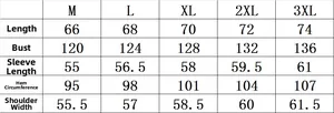 Detailed size chart for men's casual jacket showing measurements from M to 3XL sizes