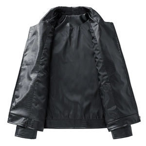 Men's black faux leather jacket with crocodile texture and stand collar in flat lay view