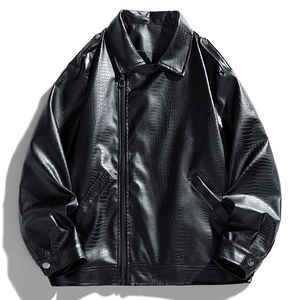 Men's black faux leather jacket with crocodile texture and lapel collar design