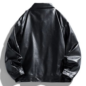 Men's black faux leather jacket with crocodile texture and lapel collar in a loose fit