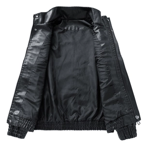 Men's black faux leather jacket with stand collar and metallic zipper on white background