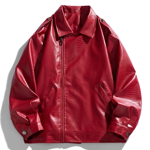 Men's winter fashion red faux crocodile skin jacket with lapel collar and side zipper