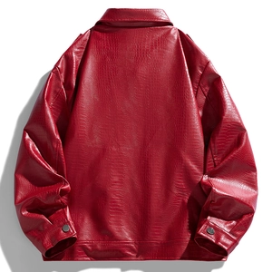 Detailed back view of dark red faux crocodile leather jacket with polished metal buttons