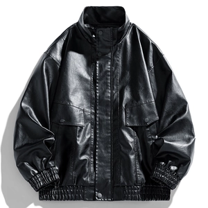 Men's oversized black leather jacket with stand collar and flap pockets for spring and autumn