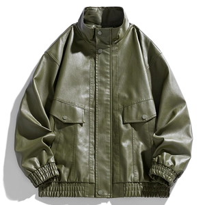 Men's military green faux leather utility jacket with stand collar and flap pockets