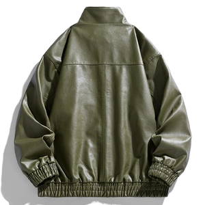 Olive green faux leather bomber jacket for men featuring a classic back seam design
