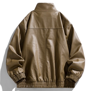Back view of brown faux leather bomber jacket with oversized fit and elastic cuffs