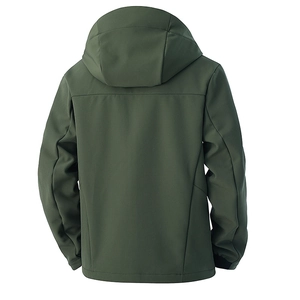 Rückansicht einer dunkelgrünen Outdoor-Softshelljacke mit winddichtem Material