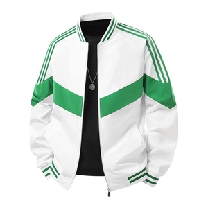 Men's retro color block baseball jacket with green stripes and classic ribbed collar