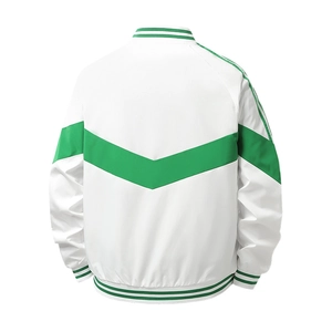Men's European style baseball jacket with green and white patchwork pattern back view