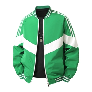 Men's sports baseball jacket in green with white V-shaped patchwork and striped ribbons