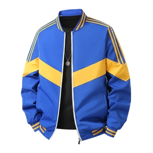 Men's royal blue baseball jacket with yellow V-shaped stripes and ribbed cuffs