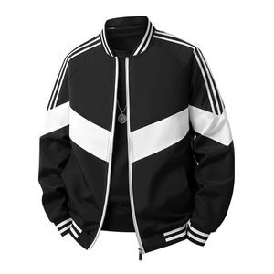 Men's sports baseball jacket with black and white color-block design and striped cuffs
