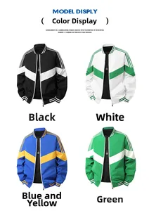 Detail view of four color blocked baseball jackets with striped cuffs and collars