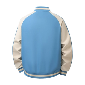 Vue arrière du blouson baseball bleu ciel avec manches raglan et bordures rayées