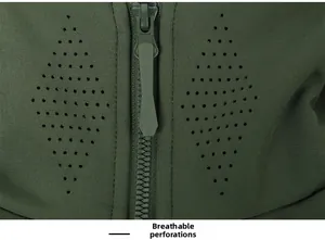 Makroansicht der lasergeschnittenen Belüftungslöcher an der olivgrünen Softshelljacke
