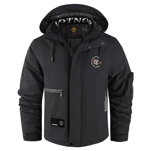 Giacca invernale da uomo imbottita con cappuccio grigio scuro con tasche cargo