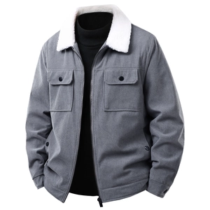 Chaqueta de pana gris para hombre con cuello de vellón blanco y bolsillos de estilo