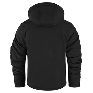 Vista posteriore della giacca invernale nera da uomo con cappuccio e tasca con zip sul braccio