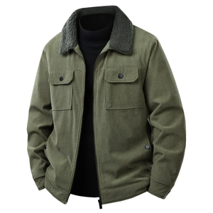 Chaqueta de pana verde oliva para hombre con cuello sherpa grueso y forro de felpa