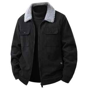 Chaqueta de pana negra para hombre con cuello de vellón gris y diseño estilo casual
