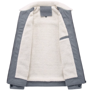 Chaqueta de pana gris para hombre con forro de sherpa blanco grueso y cremallera