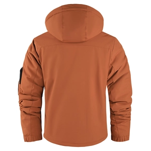 Vista posteriore del parka marrone con cappuccio, tasca sulla manica e coulisse regolabile