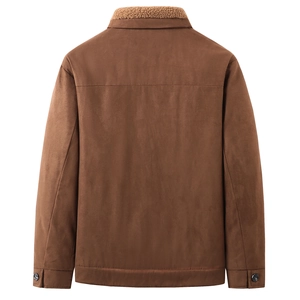 Vue arrière de la veste en daim marron avec col en polaire et détails de couture au dos