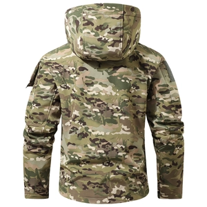 Tactical Multicam camouflage jacket back view with adjustable hood and velcro sleeve pockets