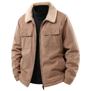 Herren Cordjacke in Khaki mit dickem Lammfellkragen und praktischem Mehrtaschen-Design