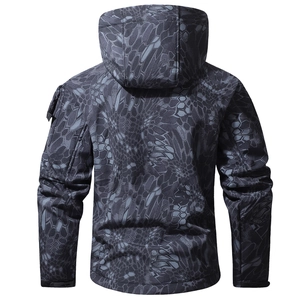 Tactical softshell jacket with honeycomb camouflage pattern and hooded back design