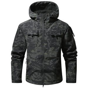 Tactical camouflage softshell jacket with hooded design and multi-pocket functional features