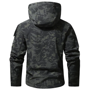 Back view of a men's camouflage tactical jacket with a functional windproof softshell hood