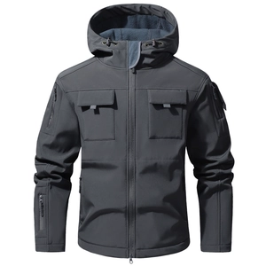 Men's dark gray tactical softshell jacket with warm blue fleece lining and hood
