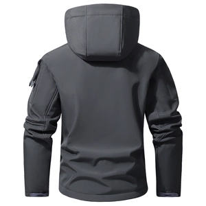 Detail of dark grey softshell jacket back with adjustable velcro cuffs and sleeve pocket