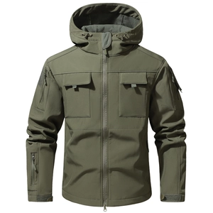 Olive green tactical softshell hooded jacket with fleece lining and multiple pockets