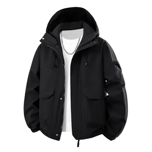 Men's black hooded windbreaker jacket with multi-pocket design and adjustable hood
