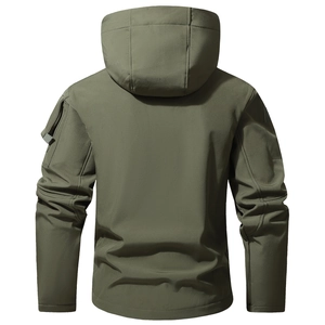 Flat lay of men's tactical softshell jacket with functional arm pocket and hood
