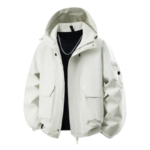 Unisex windproof winter outdoor jacket in beige with functional utility pockets