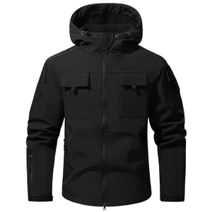 Men's tactical hooded jacket in black softshell fabric with utility pockets and velcro