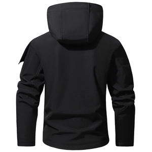 Rear view of black hooded softshell jacket showing tactical pockets and windproof fabric